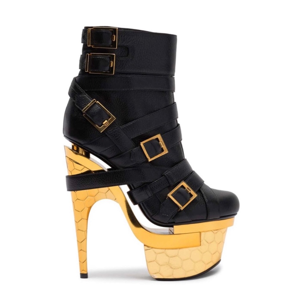 Versace triple platform black and gold booties